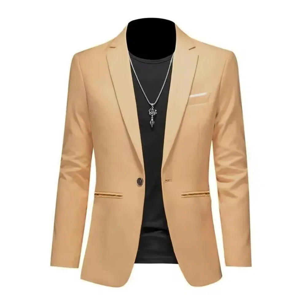 Chaqueta tipo traje boutique de ocio de moda para hombres, informal de otoño, corte ajustado, sin planchado, con un solo botón, color liso, blusa formal