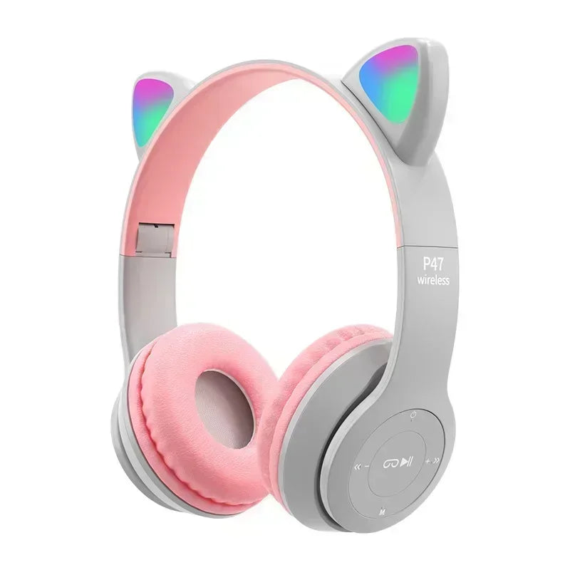 Casque de jeu sans fil P47M avec lumière clignotante et oreilles de chat mignonnes, avec micro, contrôle LED, musique stéréo, téléphone, Bluetooth, cadeau