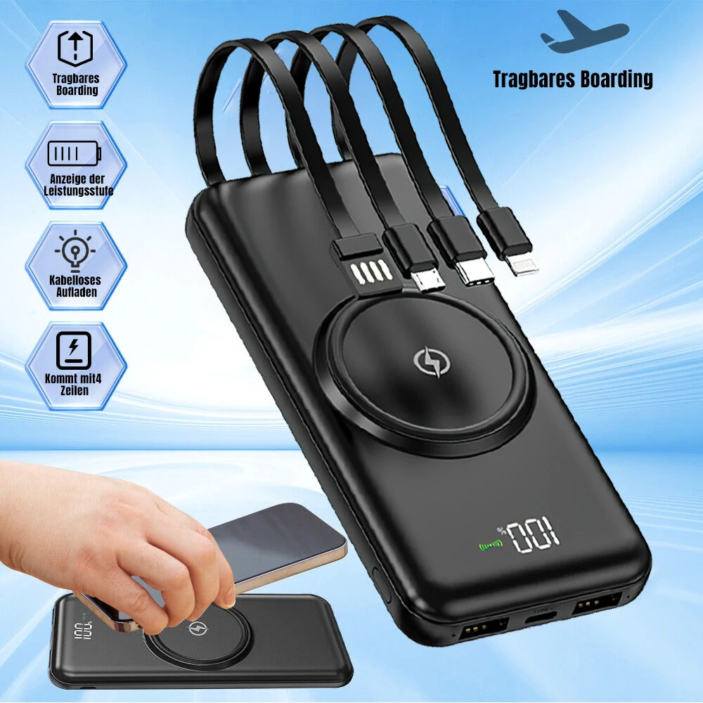 Wireless Fast Charging Power Bank Large Capacity USB 4 in1 Super Fast Charging Built-in Quad Power Cable Portable High Capacity