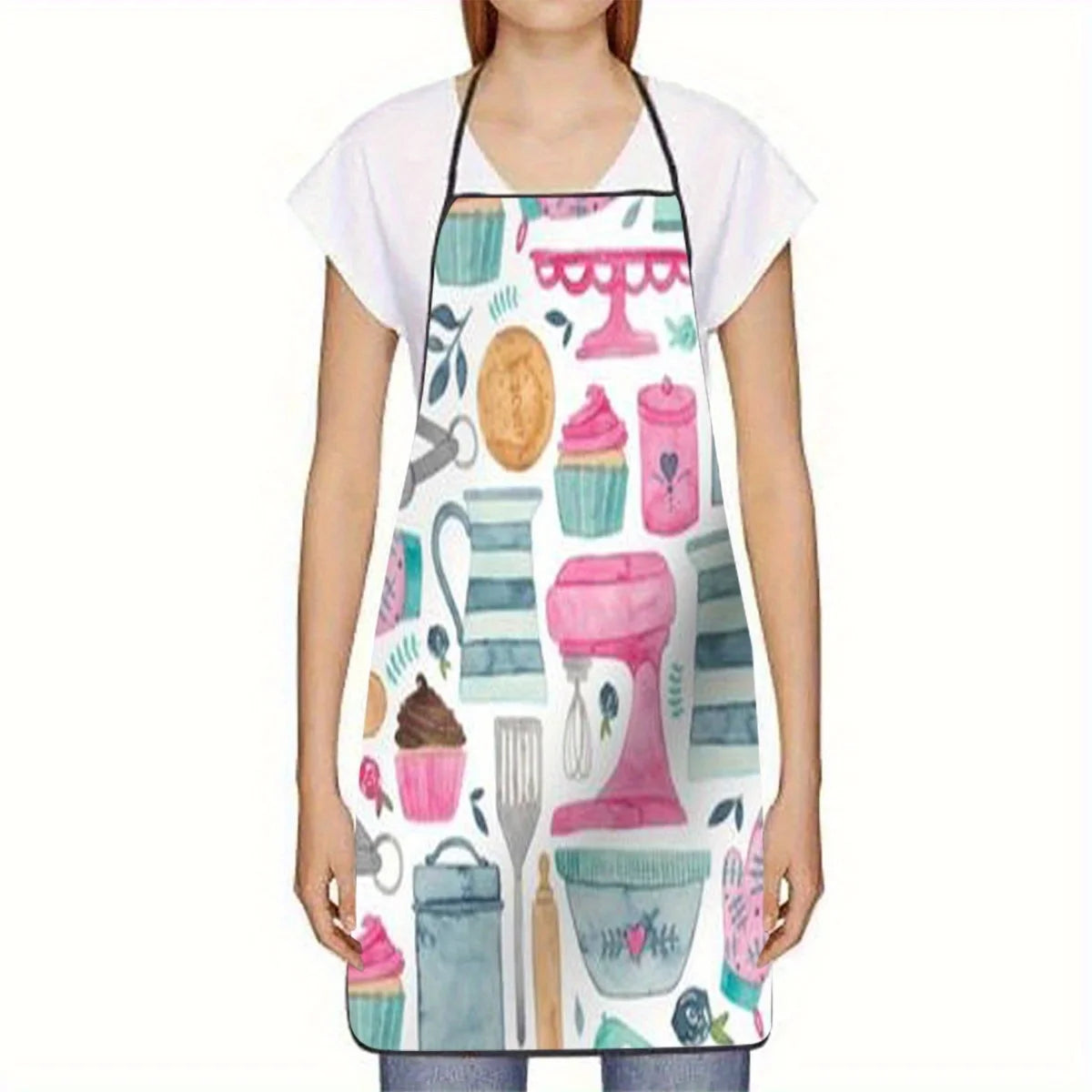 Kitchen Apron - Cute Cupcake, Mixing Bowl & Whisk Designs - Pastel Colors Durable Polyester Apron for Home Baking, Cooking