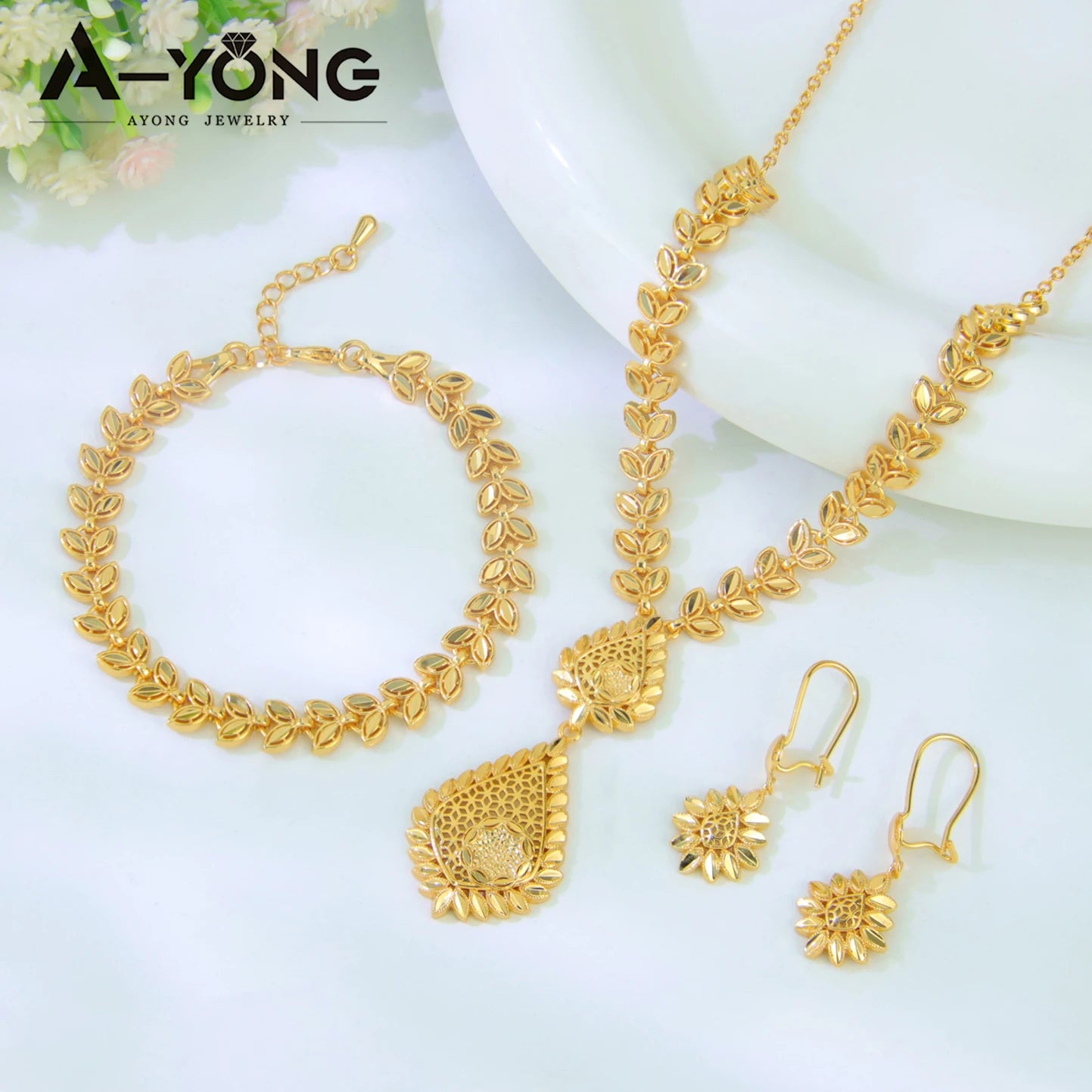 Juego de joyas de boda de lujo de Dubái, chapado en oro de 21k, collar, pulsera y pendientes de oro nupcial árabe, joyería vintage para mujer brasileña