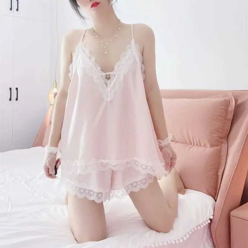 Conjuntos de pijama Y2K para mujer, ropa de hogar sexy de verano, talla grande, de seda fresca, suelta, elegante, con cuello en V y encaje, conjunto de dos piezas