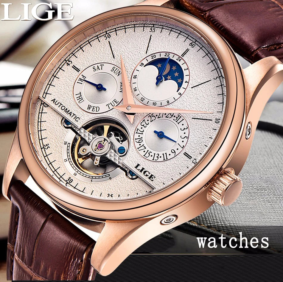 LIGE Relojes para hombre Reloj mecánico automático Reloj Tourbillon Piel auténtica Reloj impermeable Reloj de pulsera militar para hombre