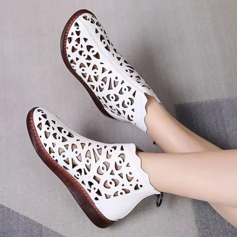 Women Boots New Spring Summer Leather Sandals Women Breathable Hole Boots Flat Soft Non-slip Comfortable Shoes for Women