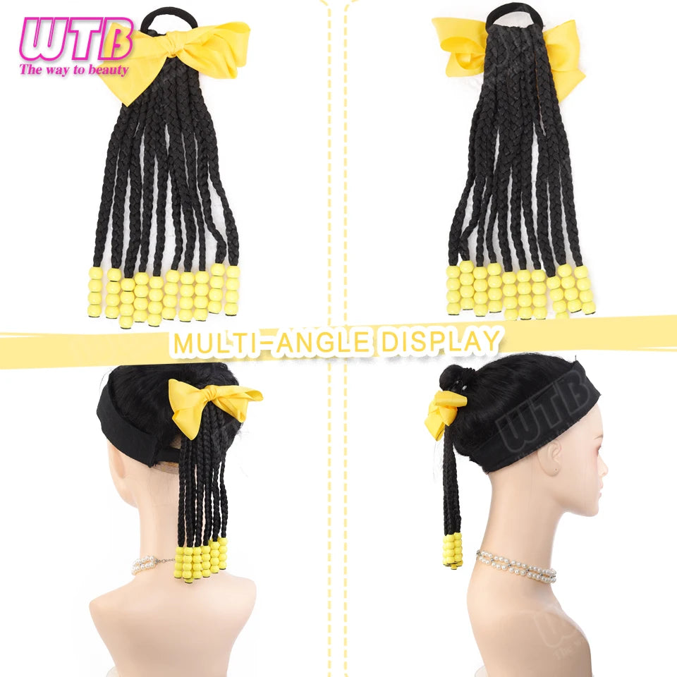 Children's Wig Synthetic Ponytail Wig Elastic Band Style Bow Accessory Braided Ponytail Wig Suitable for Everyday Holiday Wear