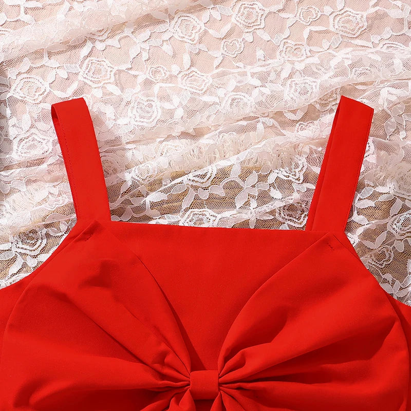 kids Clothing Sets For Girls Red Sleeveless Square Collar Ruffled Bowknot Elastic-Waist 8-12 Years Summer Fashion Sweet Style