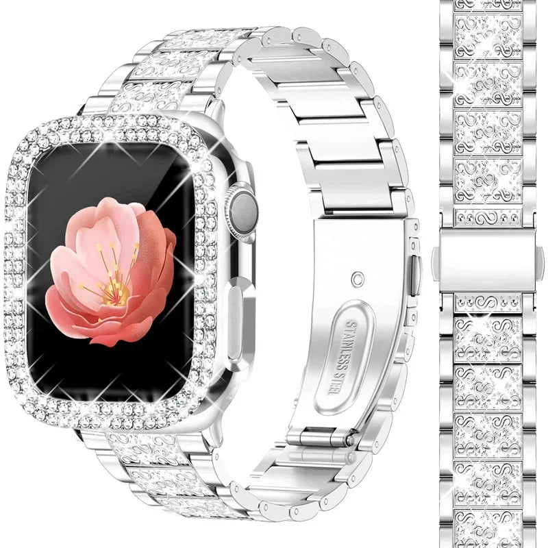 Diamanturkasse + metallrem til Apple Watch – elegant, glitrende og designet for kvinner