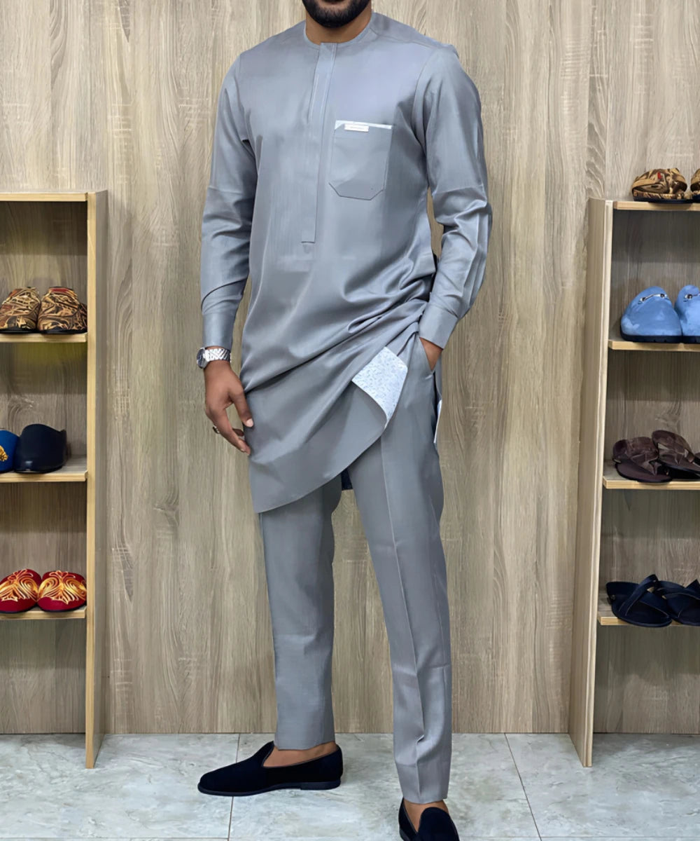 Traje de fiesta africano para hombre, conjunto de dos piezas, cuello redondo, mangas largas, bolsillo, empalme, top y pantalones, ropa de verano africana, atuendos sencillos de caballero