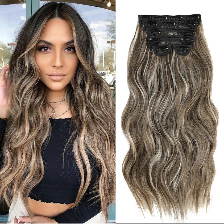 Forlengelser Lang Syntetisk Klips I Hår Bølget Klips I Hårforlengelser 6 stk/sett Syntetisk Ombre Blond Brun Tykk Hårstykker