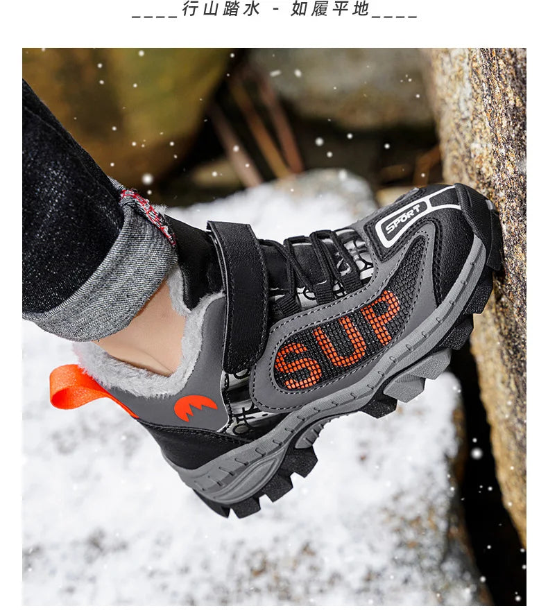 Winter Plus Velvet Hiking Shoes For Kids Non-slip Platform High Top Sports Shoes Boys Outdoor Warm Plush Children's Sneakers
