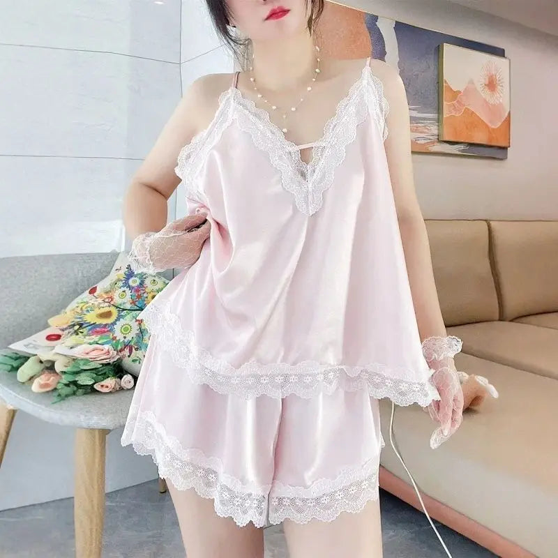 Conjuntos de pijama Y2K para mujer, ropa de hogar sexy de verano, talla grande, de seda fresca, suelta, elegante, con cuello en V y encaje, conjunto de dos piezas