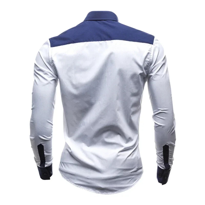 Men Long Sleeve Shirt Spring Striped Shirts Slim Fit Male Casual Social Patchwork Shirt Turn-down Collar Camisa Masculina