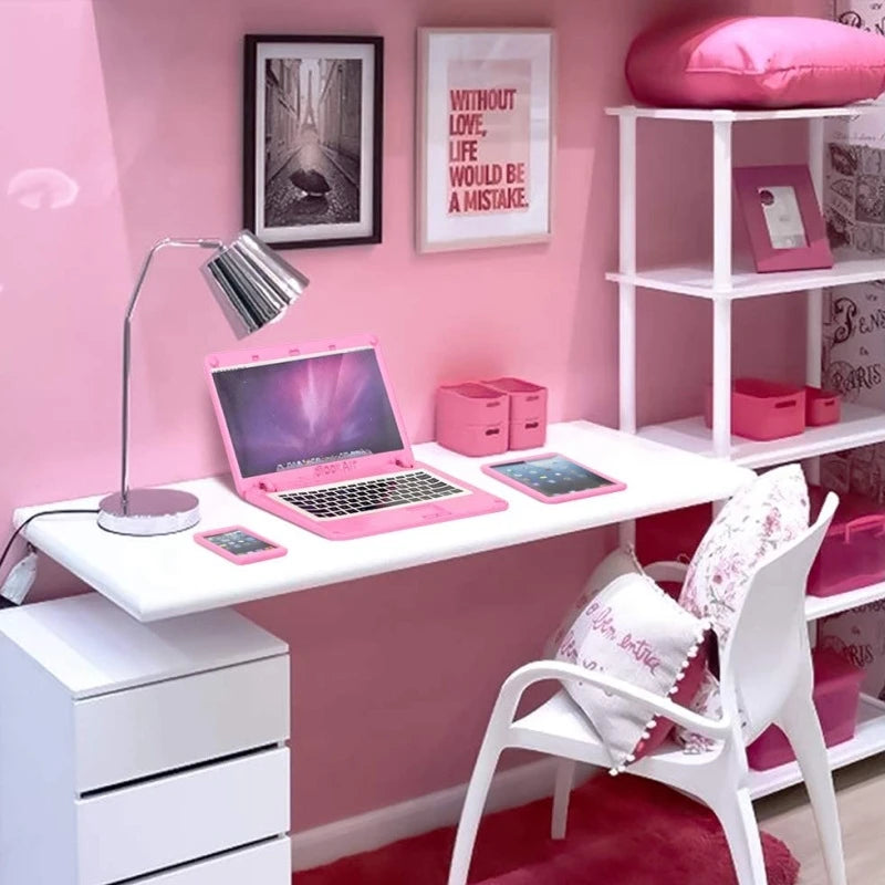 Lot de 4 téléphones miniatures pour maison de poupée, ordinateur portable avec sac, décoration pour maison de poupée, simulation à l'échelle 1:12, ordinateur portable, tablette, smartphone