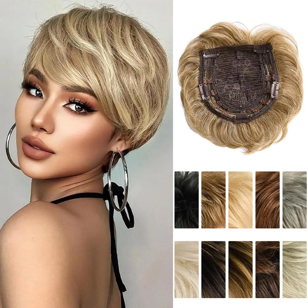 Synthetic Hair Topper Pieces for Thinning Hair Natural Curly Texture 6 Inch Short Pixie Cut Toppers Hair Wigs for Women