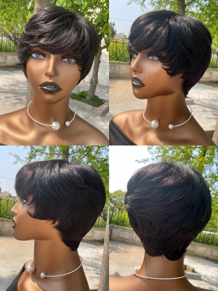 Pelucas de Cabello Humano Peluca Corta Pixie de Cabello Humano para Mujeres Negras Pelucas Hechas a Máquina con Flequillo Peluca Pixie Perruque Cheveux Humain