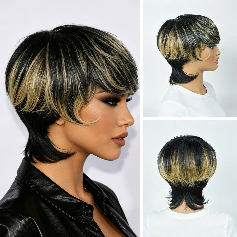 Black Blonde Highlight Layered Mullet Pixie Human Hair Wig with Bangs, Highlighted Black Blonde Feathered Mullet Pixie Cut Wig with Side Swept Fringes, Full Machine Made Spiky Tail Nape Style for Daily Work & Events