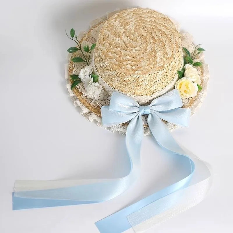 Elegante sombrero Lolita hecho a mano con diseño original BNT estilo pastoral, sombrero de paja de verano para mujer.