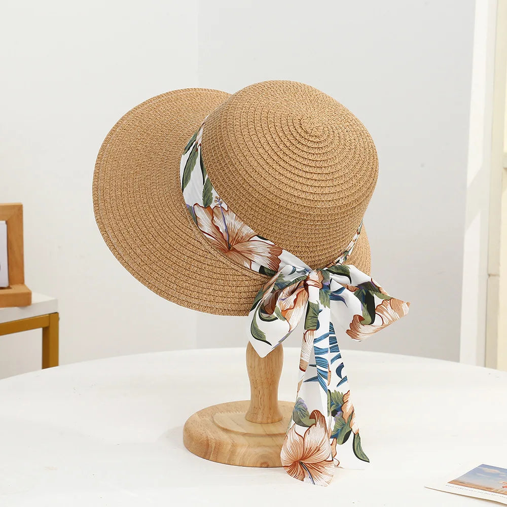 Sombrero de sol de verano estilo bohemio para mujer, protección solar, gorra de pescador de paja de playa, visera de encaje con lazo grande a la moda