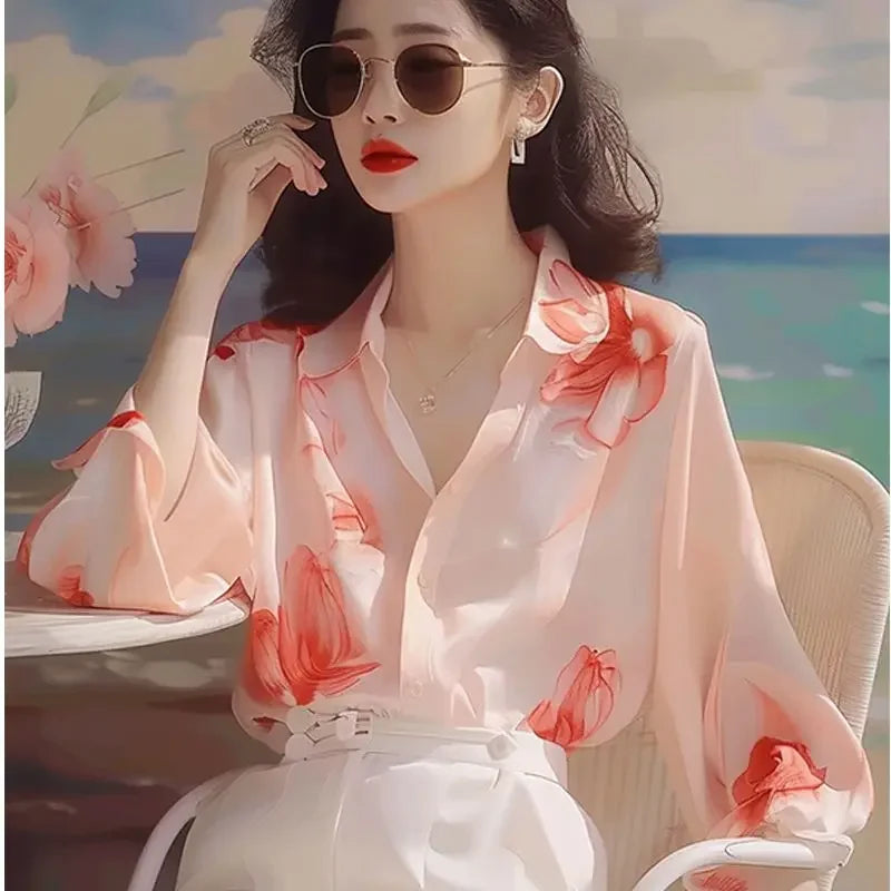 Woman Top Simplicity with Designs Shirts & Blouses for Women Pattern Crop Fashion Elegant Social Clothing Trend Modern Long
