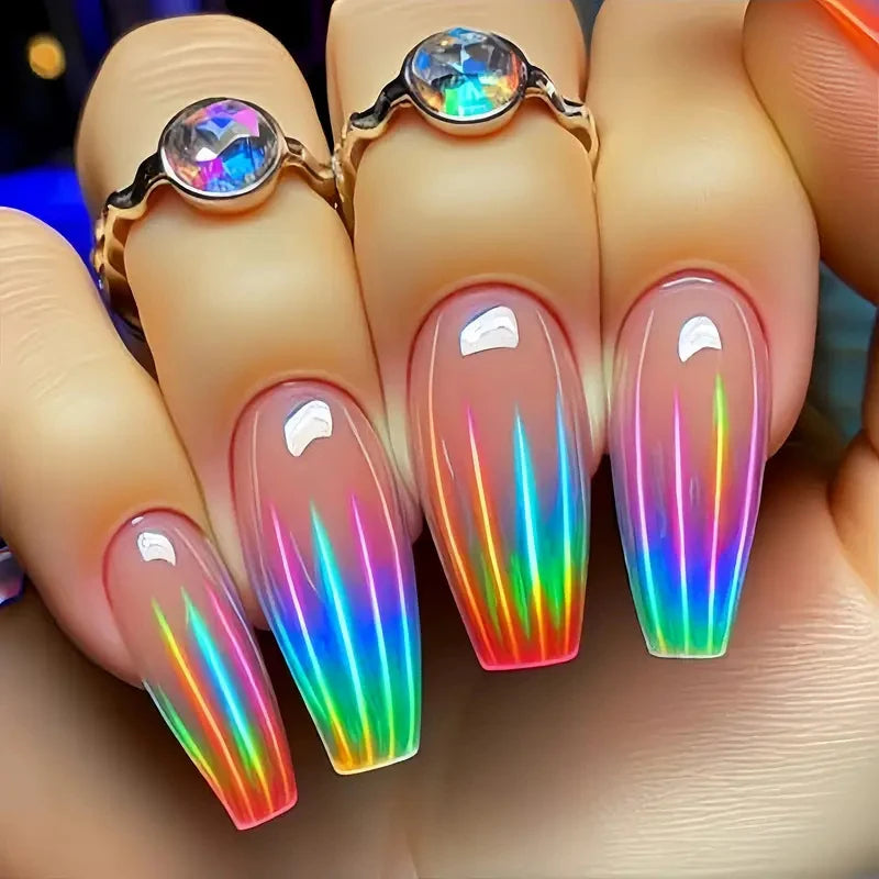 Colorful laser manicure patch wearing nails