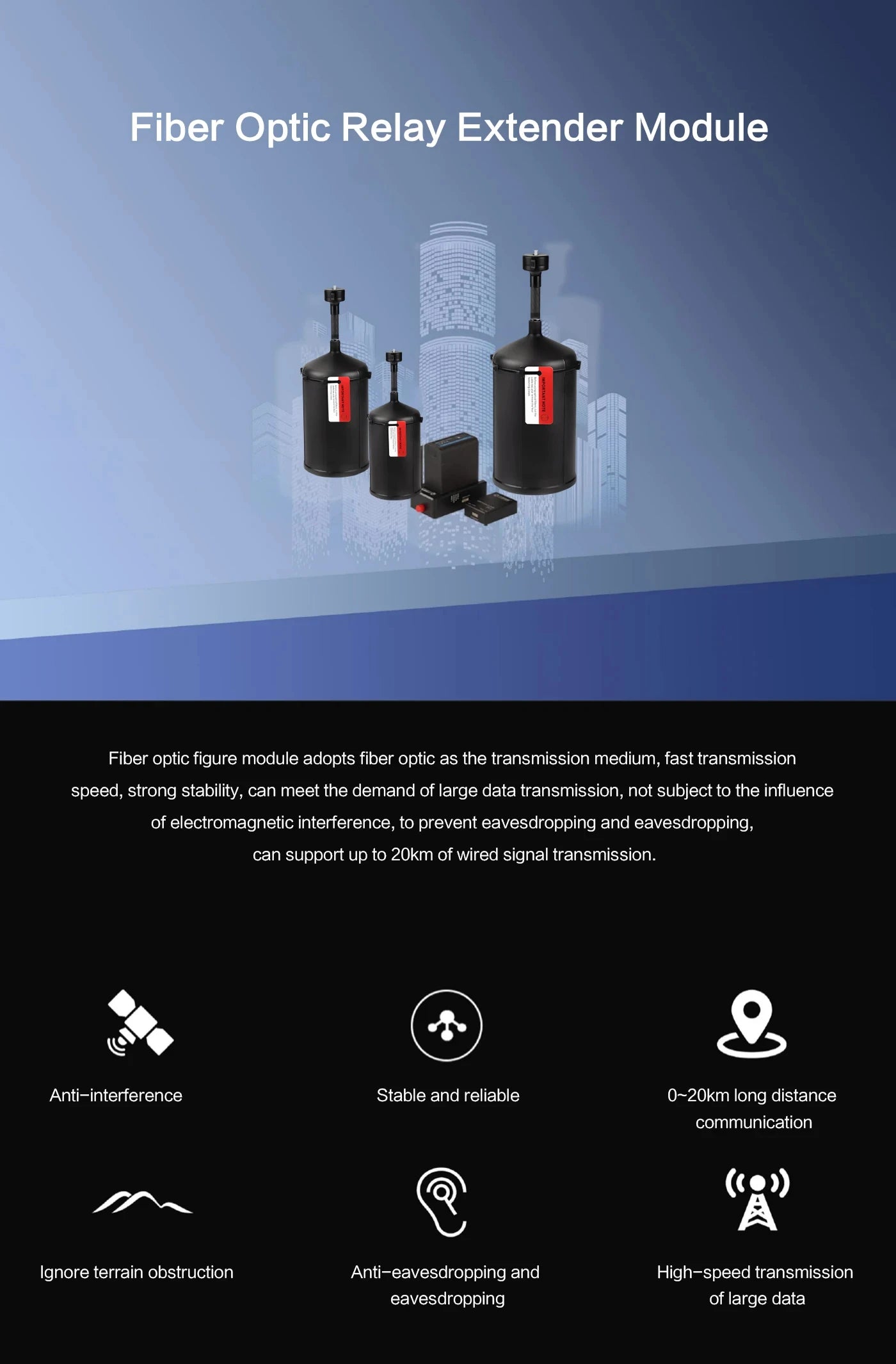 Módulo de datos de imagen FPV para drones de 10 km con fibra óptica, extensor de relé, enlace óptico Sky, admite hasta 20 km de transmisión de señal por cable