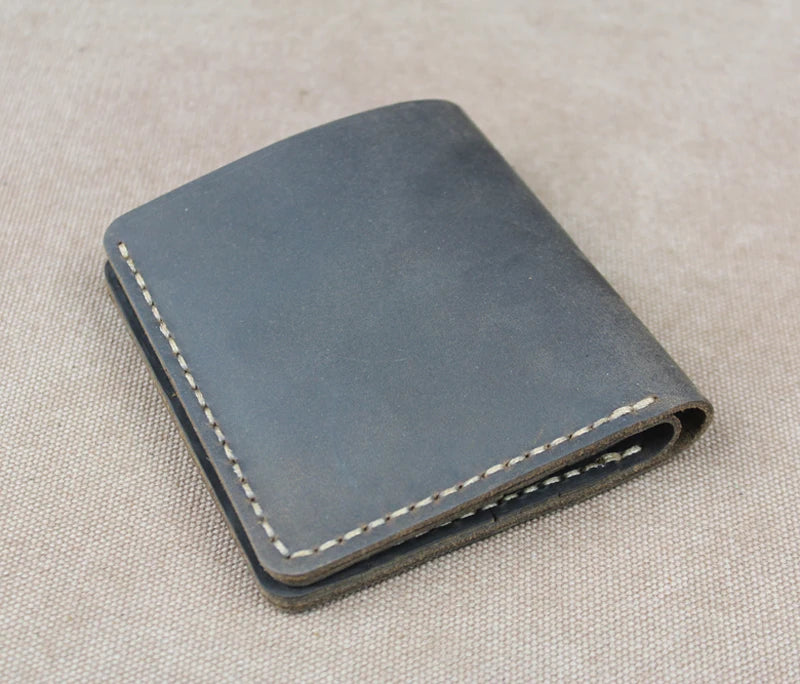 Cartera de lujo hecha a mano de cuero genuino Crazy Horse para hombre, cartera pequeña de cuero para hombre, monedero corto con clip para billetes, bolsa para dinero, café negro