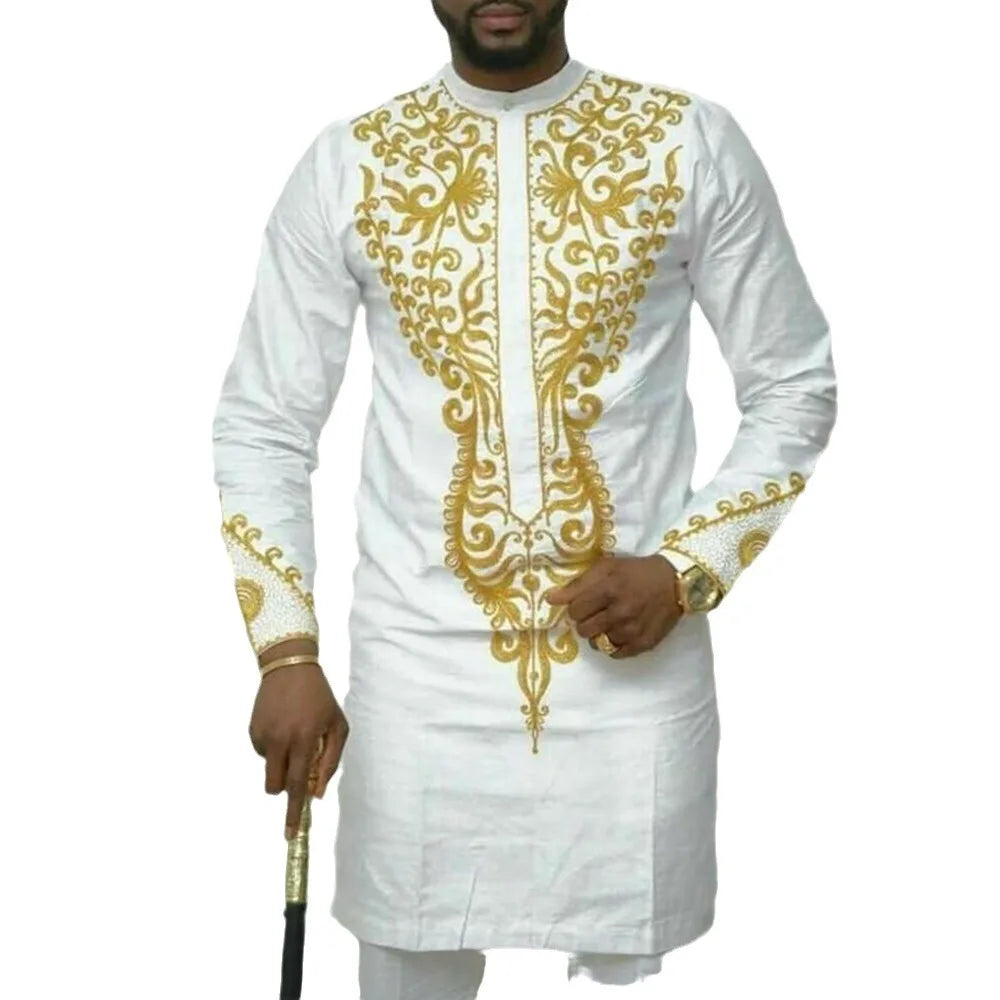 Conjuntos de camisas bordadas para hombres africanos África Manga larga Cuello redondo Top Pantalones Dos piezas Traje tradicional étnico de fiesta de boda