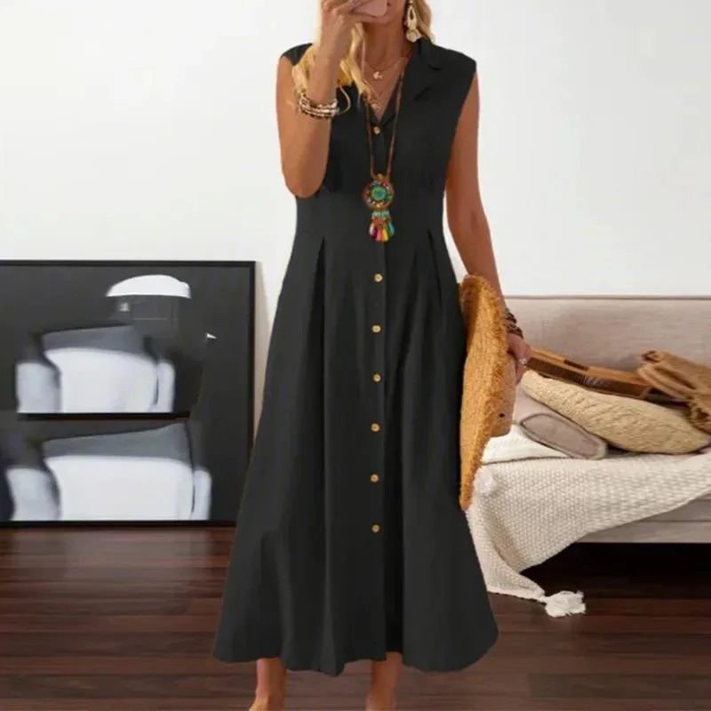 Nuevos Vestidos Moda Femenina Solapa Línea A Vintage Lino Algodón Falda Larga Ropa de Mujer Blusas