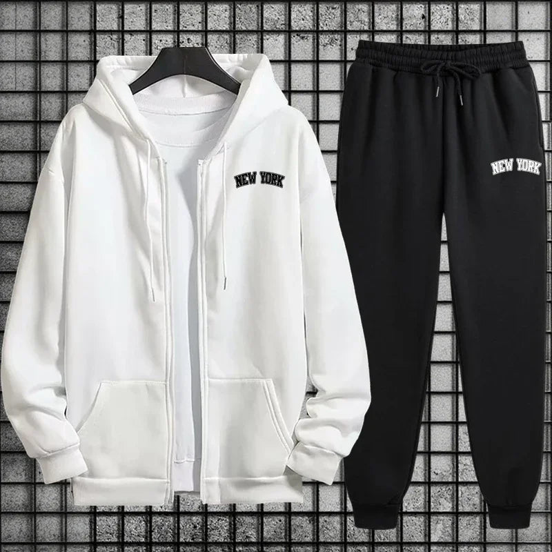 Street Style Men Tracksuit Set 2pcs Zipper Hoodie Sweatpants Urban Streetwear Outfit Autumn Winter City Vibes Sportswear