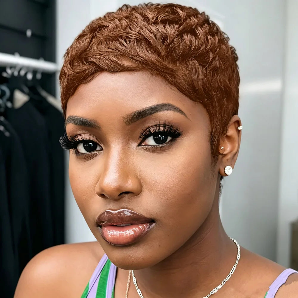 Perruque de cheveux humains coupe pixie couleur marron 99j 4 pouces 150 % densité fabrication à la machine perruques courtes droites dégradées de cheveux humains pour femmes usage quotidien cadeau