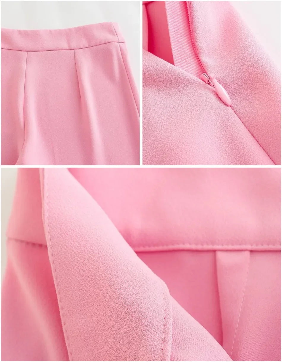 Dameblazer Ny Vår Elegant Uformell Kontordame Rosa Jakke Kåpe Mote Høy Liv Løse Vide Benbukser Buksedress