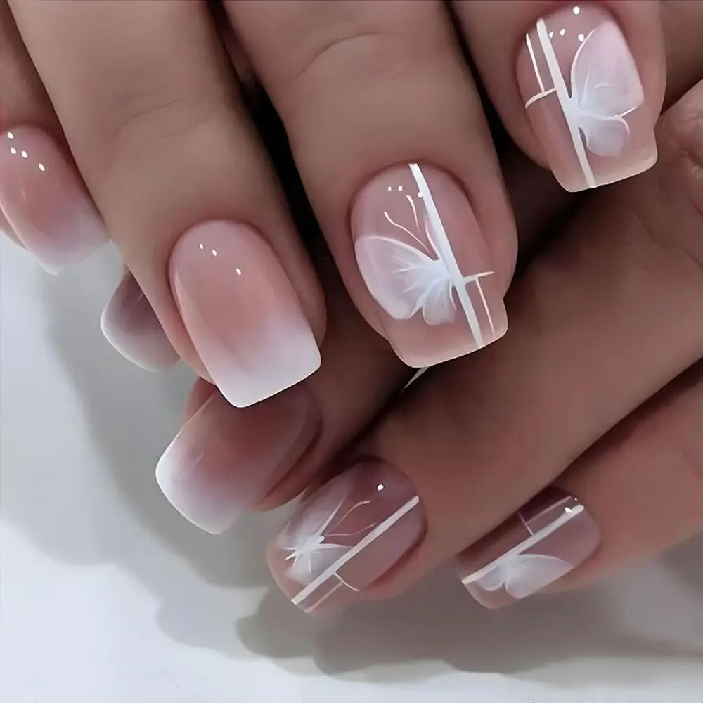 Faux ongles français à tête carrée, imperméables, portables, manucure nude, dégradé de couleurs, à appliquer sur les ongles, couverture complète, pointes flash pour femmes