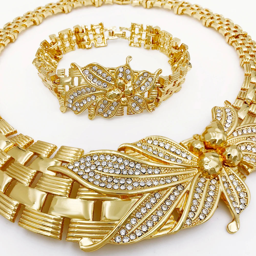 YTJX Juego de joyas de boda Africano Collar gargantilla de flor grande Pulsera de circonia fina Pendientes de perforación Anillo Joyería chapada en oro de 18 quilates