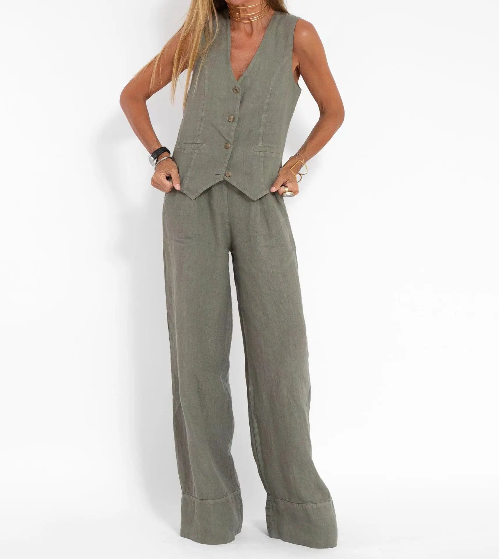 Conjuntos de chaleco y pantalón de moda para mujer, de algodón liso, traje informal, top sin mangas con botones de patchwork + pantalones, conjunto de 2 piezas para la oficina