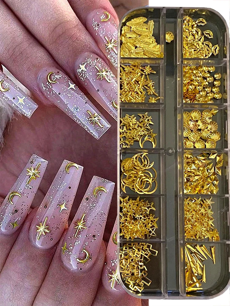 12Grids Moon Star Nails Gold Metallic Nail Sequins Charms 3D Nail Art Tips Decoration 3D Metal Moon Star Sun Bead Rivet Nail Je