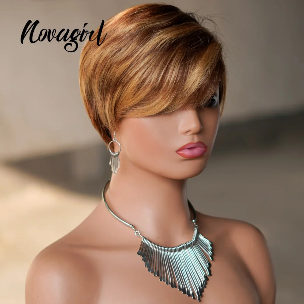 High Quality 6 Inch Pixie Wigs Color P4/27 for Women Full Machine Made Brazilian Virgin Remy Human Hair Soft Comfortable
