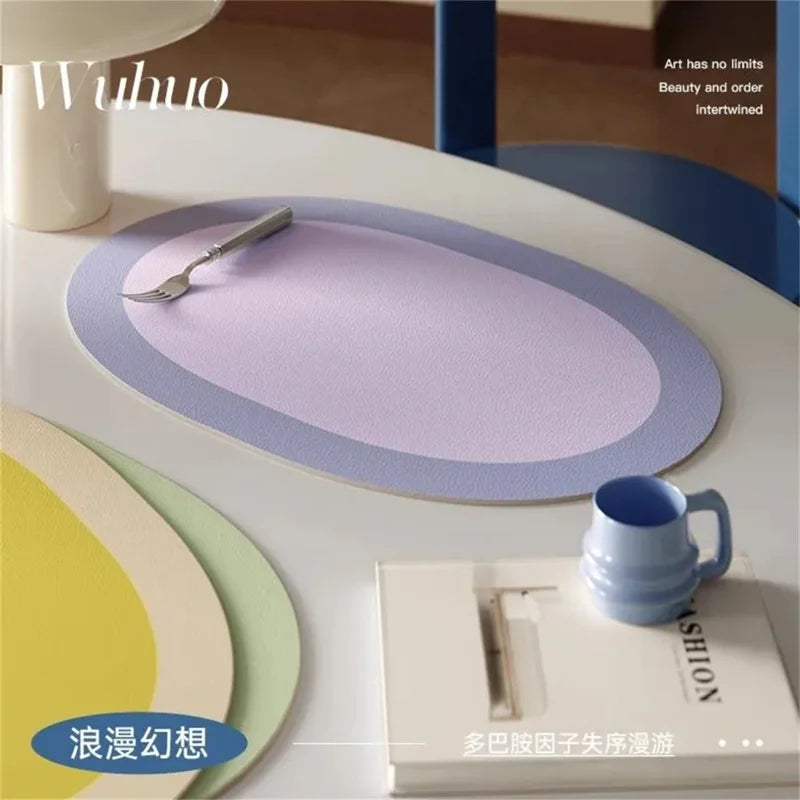 Manteles individuales de PU para mesa, impermeables, antideslizantes, aislantes, de cuero, estilo navideño, posavasos, alfombrilla elíptica bicolor