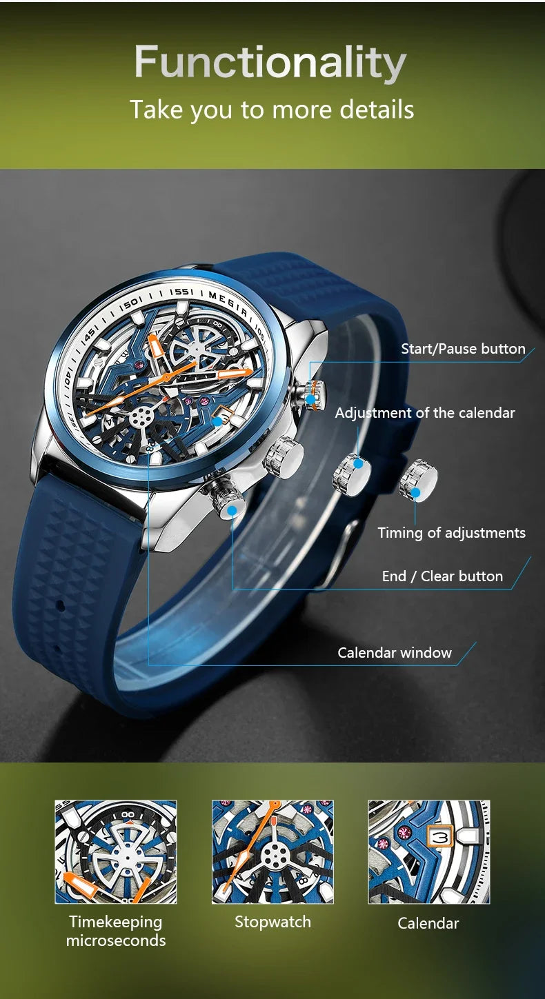 Relojes cronógrafo deportivos para hombre, marca de lujo superior, MEGIR, cuarzo, impermeable, a la moda, reloj de pulsera para hombre con fecha automática y manecillas luminosas
