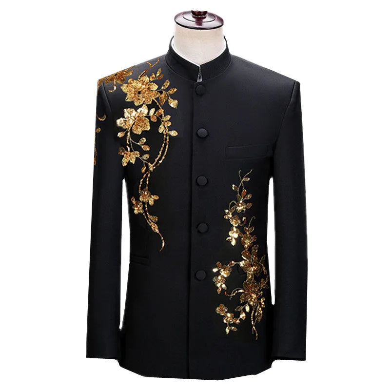 Traje Floral de Hombre con Cuello Alto, Lujoso, con Lentejuelas, Ropa Masculina para Negocios, Bodas, Fiestas de Gala, Blazer y Pantalones