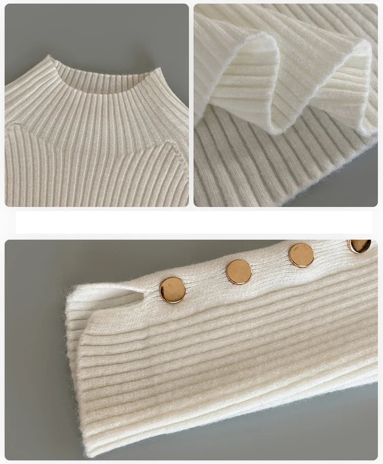 Suéter de otoño invierno para mujer, jerséis, tops de manga larga, ropa, suéter suave de punto delgado, ropa de calle, suéter de cuello alto con botones