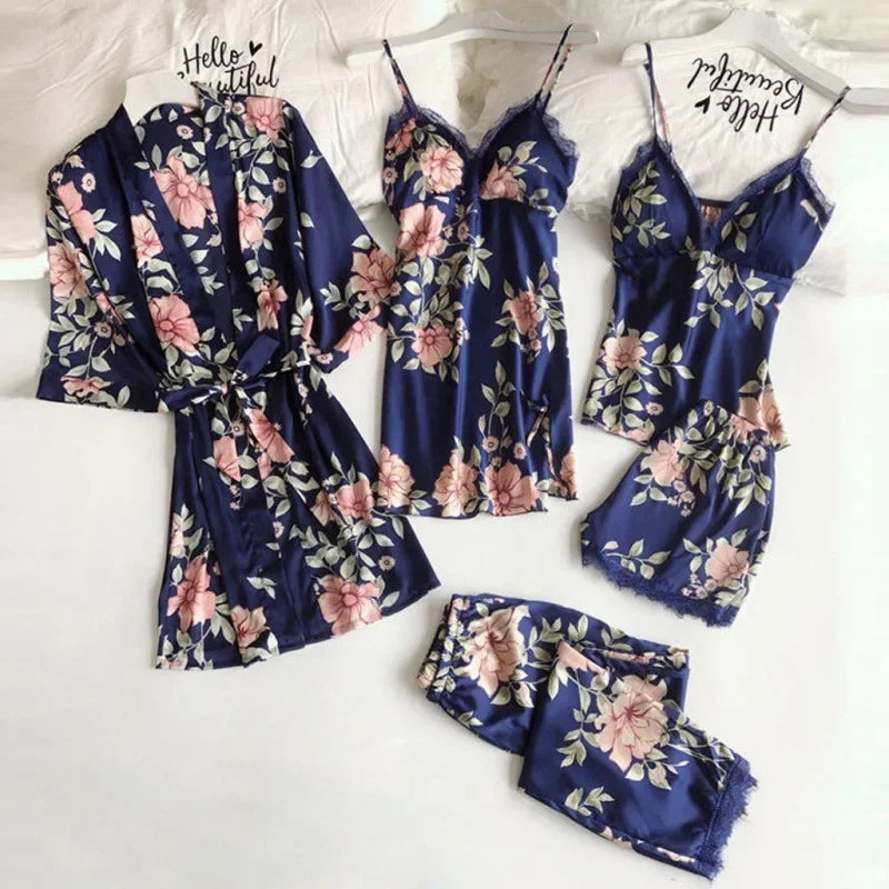 Pijama para mujer verano sexy pijama conjunto de cinco piezas pijama de tirantes para mujer ropa de casa con almohadilla para el pecho bata