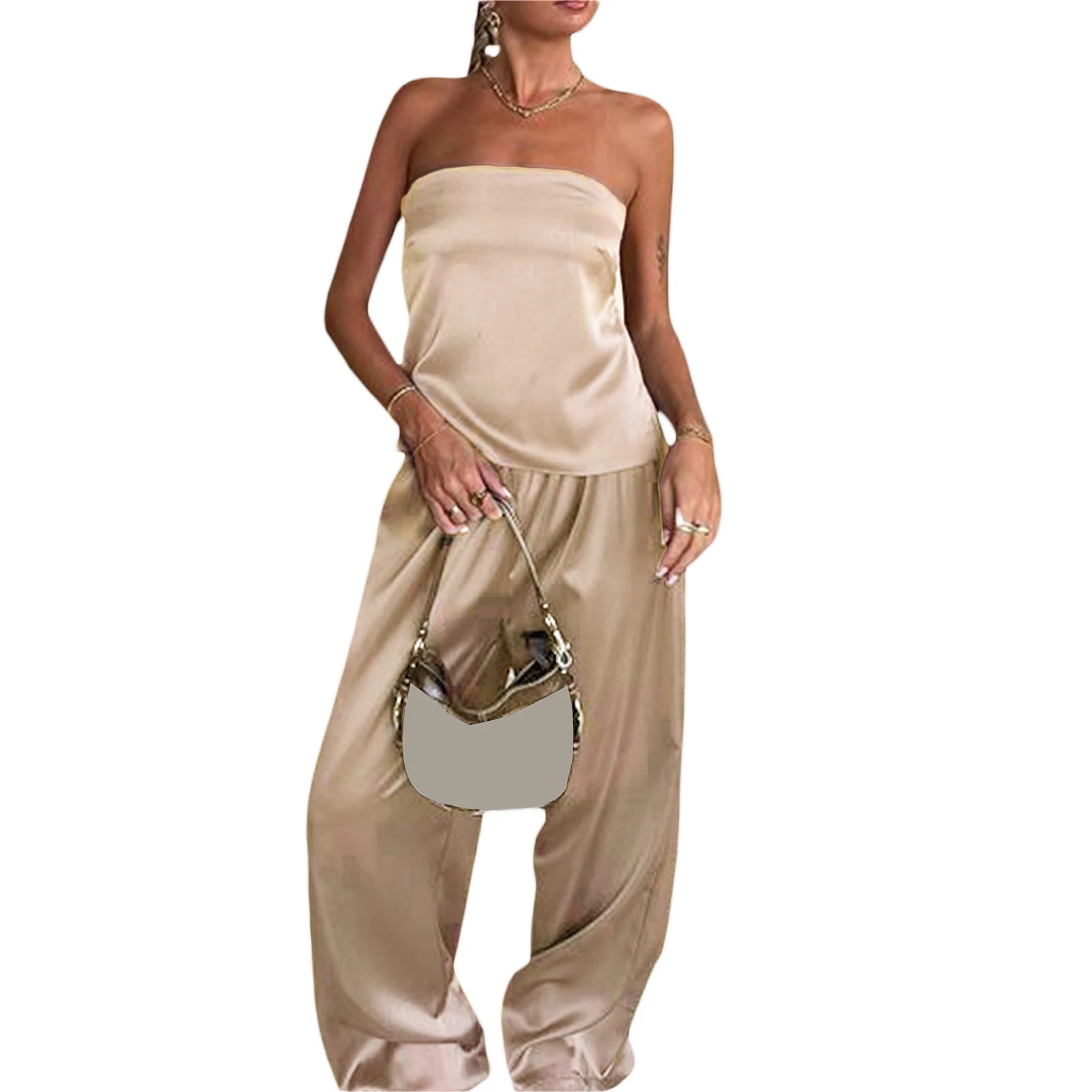 Women Satin Tube Top Pants Set 2 Piece Backless Lace Up Crop Tops Wide Leg Pants Y2k Coquette Clubwear Party Matching Outfits