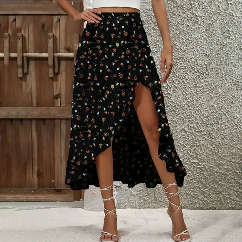 Women's Clothing Summer New Style Romantic And Elegant Floral Lotus Leaf Half Skirt Fashion Sexy Slit Irregular Half Skirt