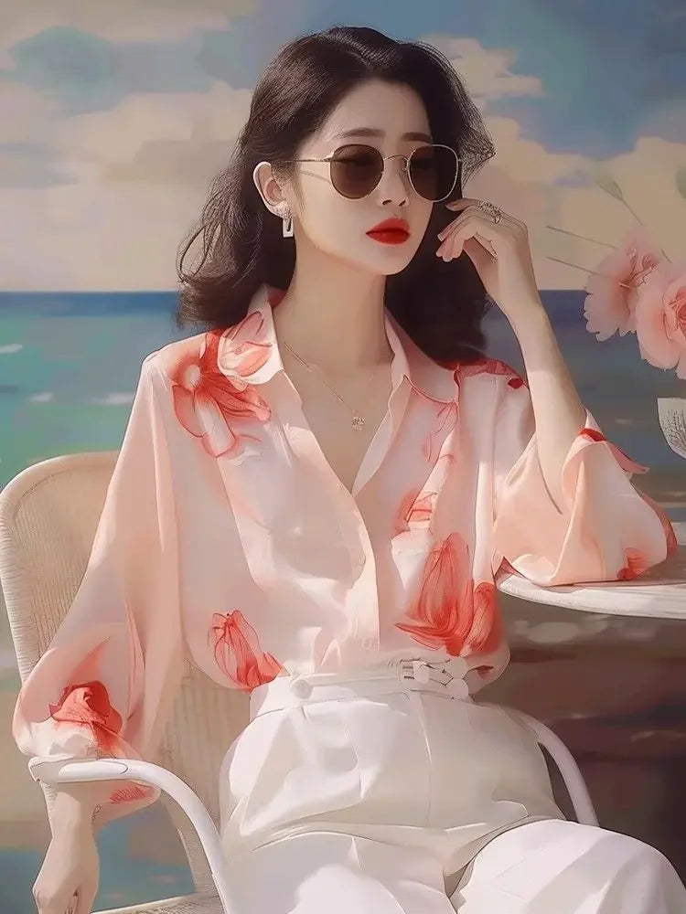 Woman Top Simplicity with Designs Shirts & Blouses for Women Pattern Crop Fashion Elegant Social Clothing Trend Modern Long