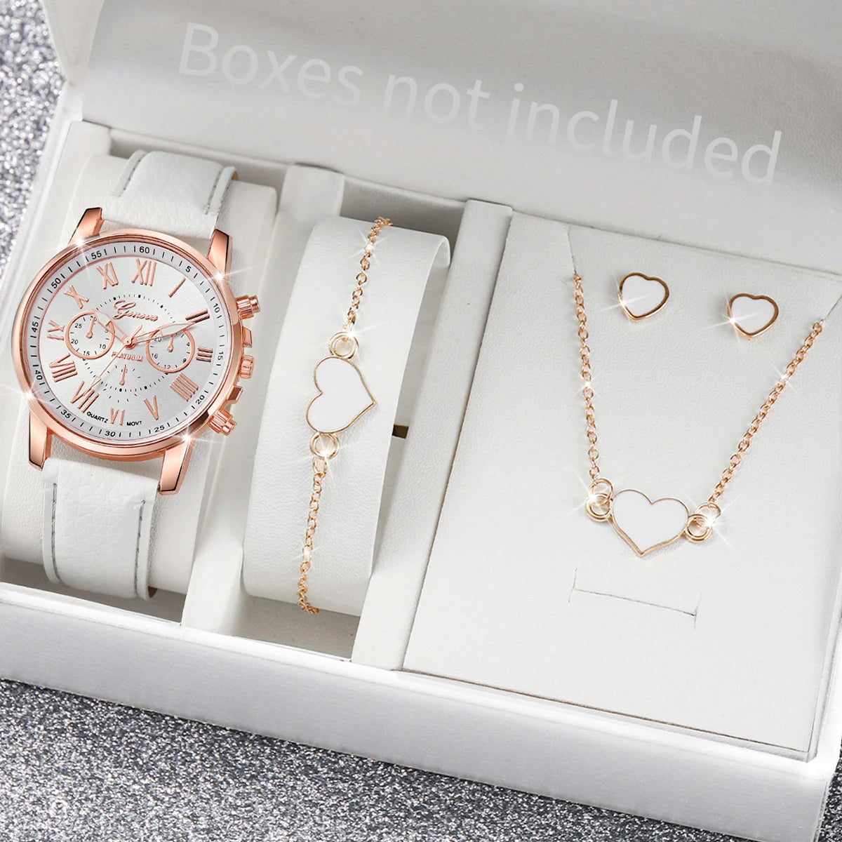 5/6PCS Reloj de cuarzo de moda para mujer, correa de cuero, relojes de pulsera analógicos, conjunto de joyas con corazón de diamantes de imitación (sin caja)