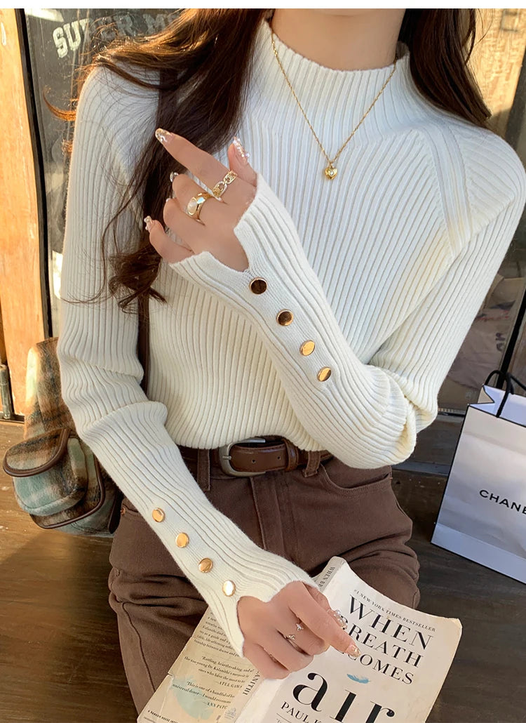 Suéter de otoño invierno para mujer, jerséis, tops de manga larga, ropa, suéter suave de punto delgado, ropa de calle, suéter de cuello alto con botones