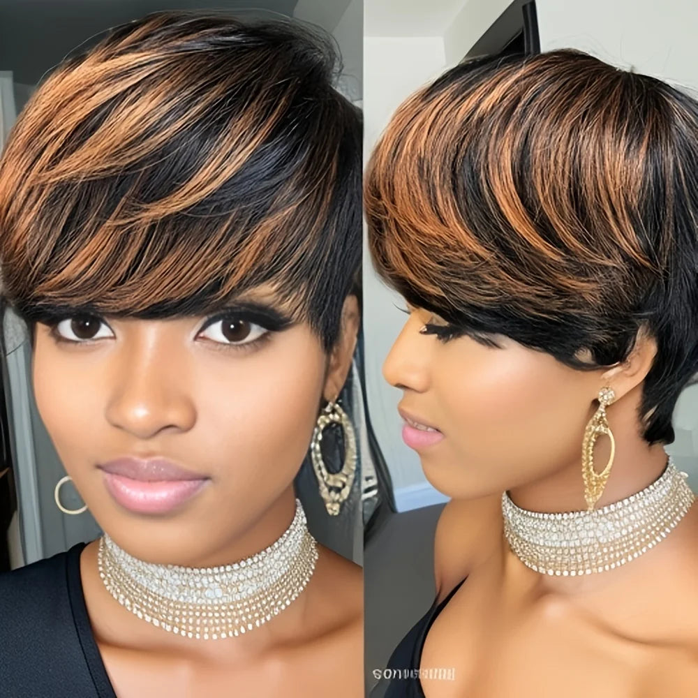 Short Pixie Cut Human Hair Wig – 1/30 Highlights with Bangs