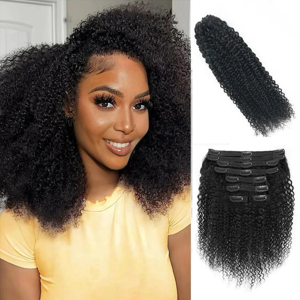 Extensions de cheveux à clip Afro Kinky Curly en vrais cheveux humains pour femmes Cheveux humains brésiliens Kinky Curly à clip 8 pièces 120 g