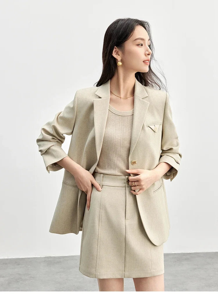 SENTUBILA Trajes de falda para mujer, mezcla de lino, hombreras, blazer de un solo botón, faldas mini sólidas y elegantes, conjuntos de dos piezas 151Z58181