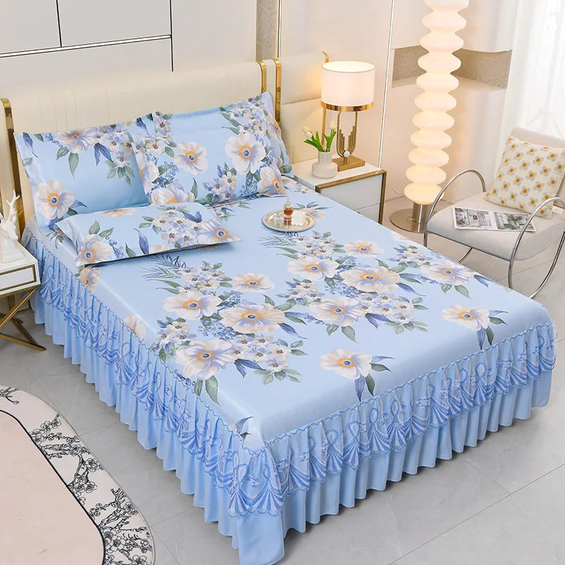 3 deler sommer sengeteppe i skjørtstil, sengeteppe i blonder i europeisk stil, tredelt sett i skjørtstil, sengeteppe i madrass, støvbeskyttelse